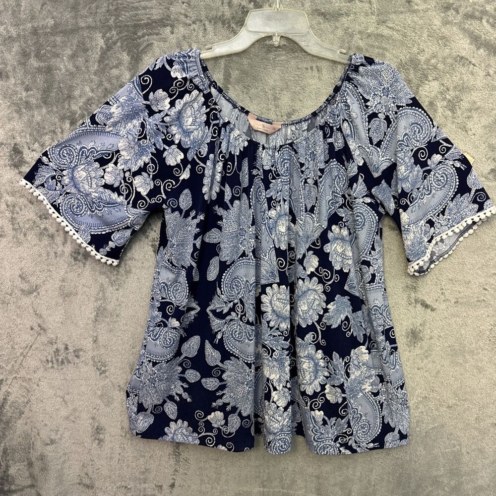 sjs top 2X boho elastic neckline blue floral tunic short sleeve